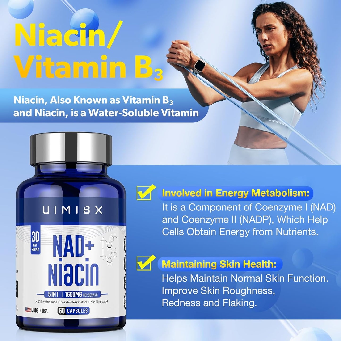 1000mg NAD+ & 500mg Niacin Vitamin B3 Supplement for Anti-Aging and Energy - Non-GMO and Gluten-Free Nicotinamide Riboside (NR) Formula for Men and Women - Supports Brain and Muscle Health