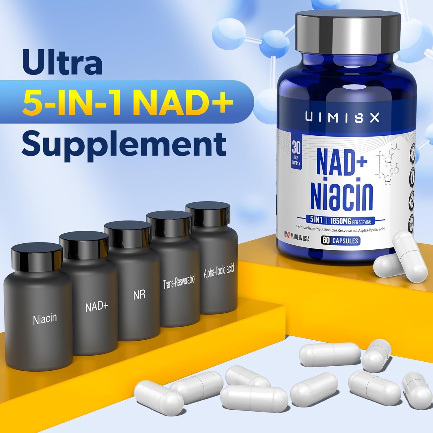 1000mg NAD+ & 500mg Niacin Vitamin B3 Supplement for Anti-Aging and Energy - Non-GMO and Gluten-Free Nicotinamide Riboside (NR) Formula for Men and Women - Supports Brain and Muscle Health