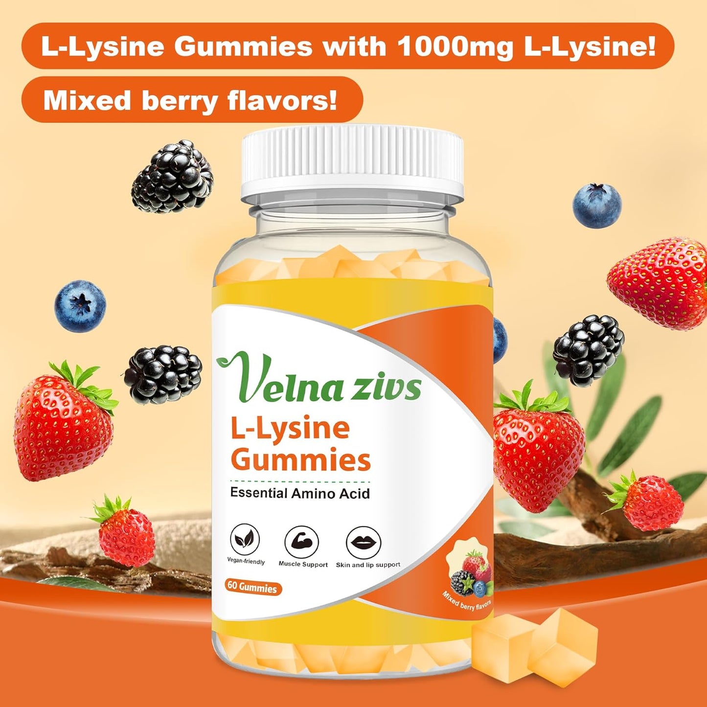 1000mg Velna Fish L-Lysine Gummies for Lips & Skin Health, Cold Sore Support, Immune Boost - 60 Count Vegan Chewable Supplement