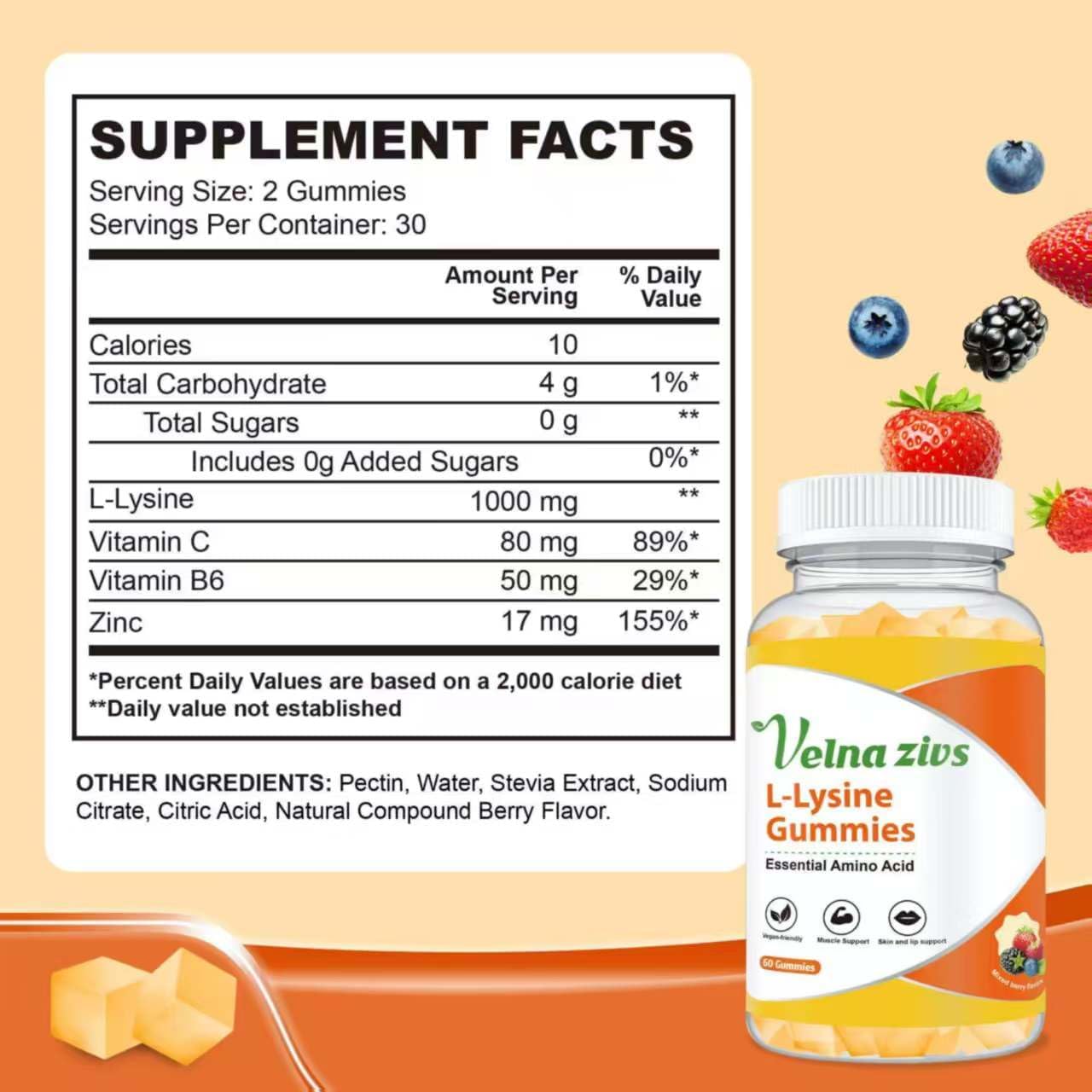 1000mg Velna Fish L-Lysine Gummies for Lips & Skin Health, Cold Sore Support, Immune Boost - 60 Count Vegan Chewable Supplement