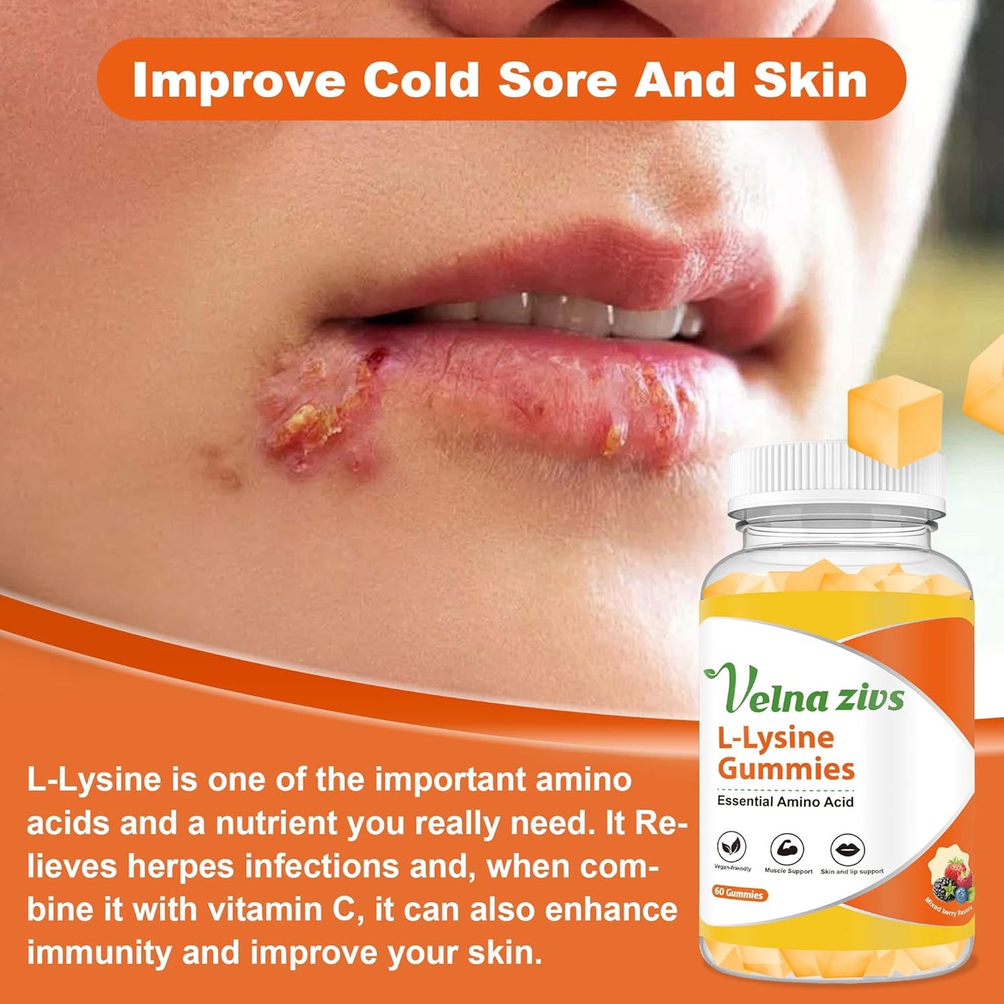 1000mg Velna Fish L-Lysine Gummies for Lips & Skin Health, Cold Sore Support, Immune Boost - 60 Count Vegan Chewable Supplement