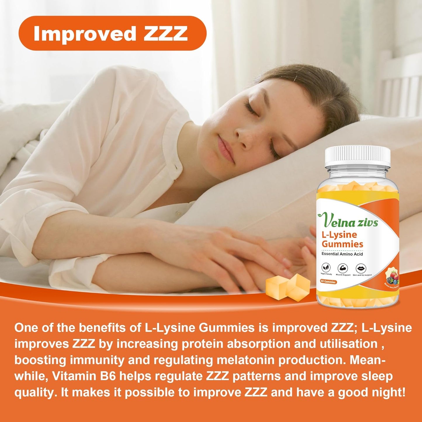 1000mg Velna Fish L-Lysine Gummies for Lips & Skin Health, Cold Sore Support, Immune Boost - 60 Count Vegan Chewable Supplement