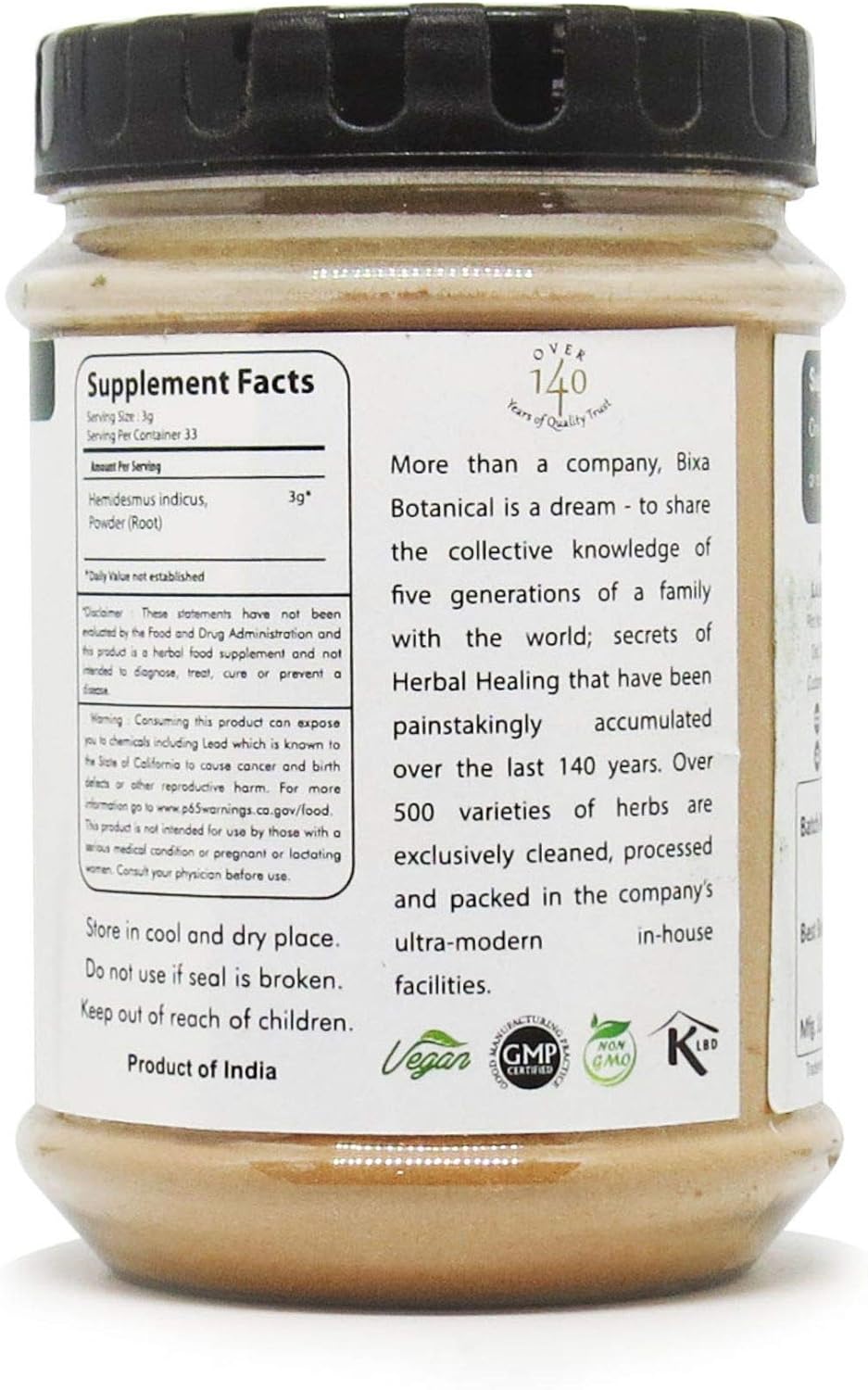 100g Bixa Botanical Sarsaparilla Root Powder (Hemidesmus Indicus) - Natural Blood Purifier & Antioxidant Herbal Supplement
