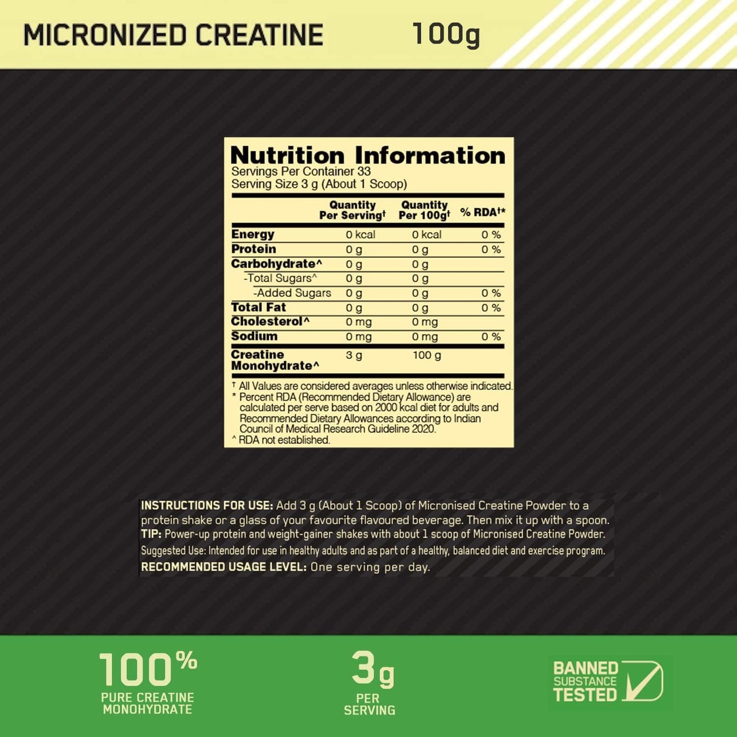 100g Micronized Creatine Monohydrate Powder - 33 Servings, Unflavored