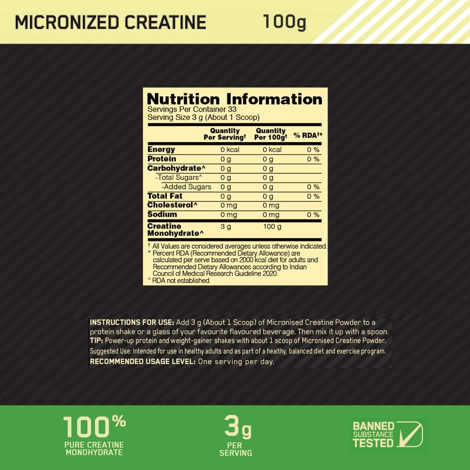 100g Micronized Creatine Monohydrate Powder - 33 Servings, Unflavored