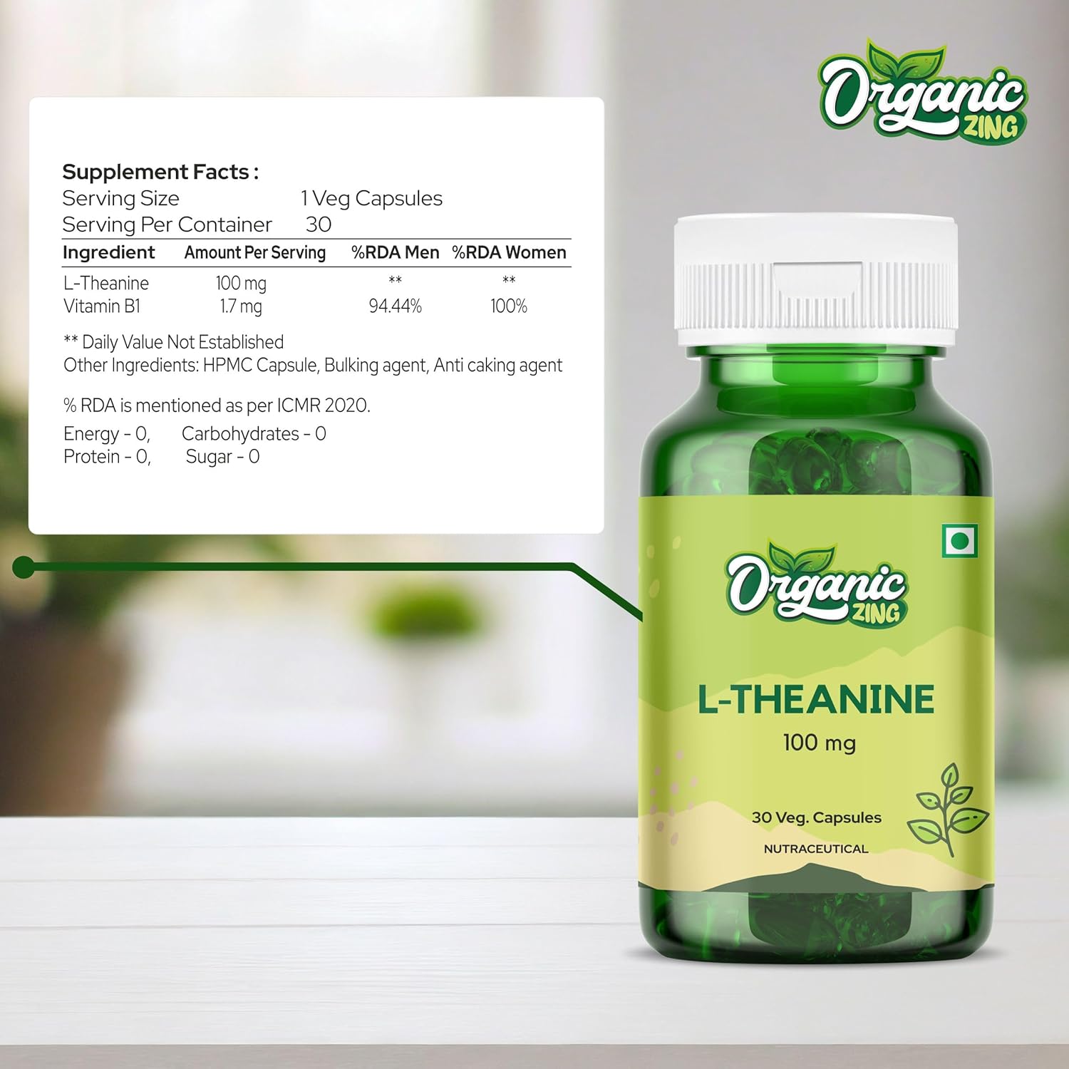 100mg Organic ZING L-Theanine Capsules - GMP Quality Assured, Kosher, Vegan | 30 Count