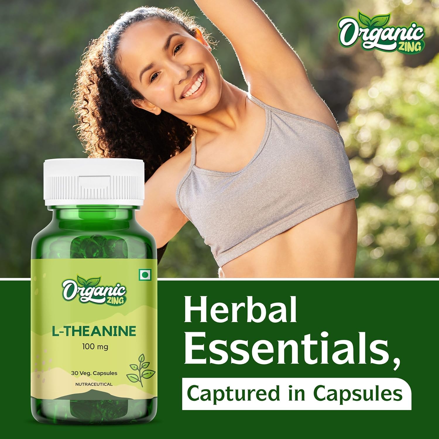 100mg Organic ZING L-Theanine Capsules - GMP Quality Assured, Kosher, Vegan | 30 Count