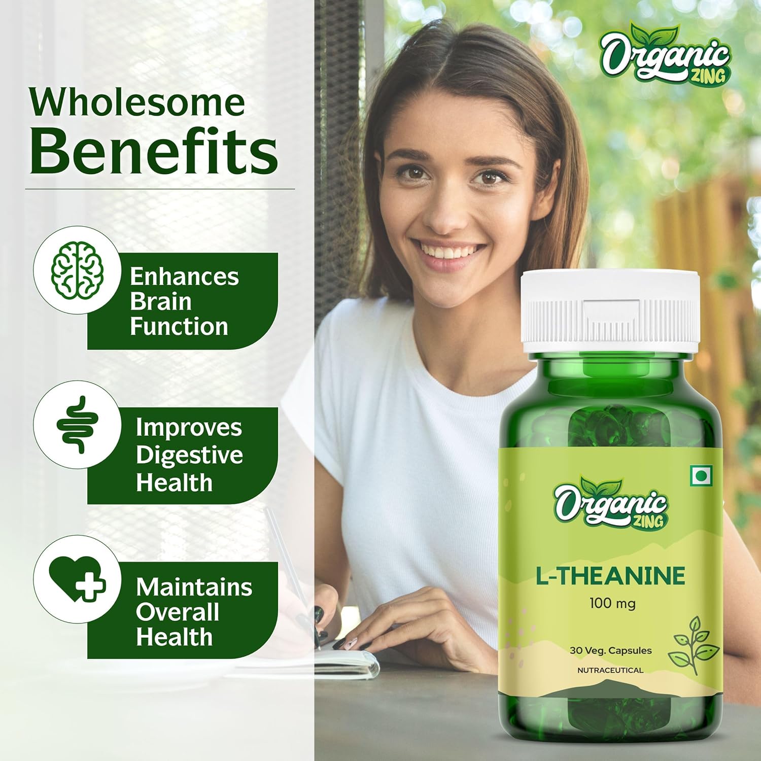 100mg Organic ZING L-Theanine Capsules - GMP Quality Assured, Kosher, Vegan | 30 Count