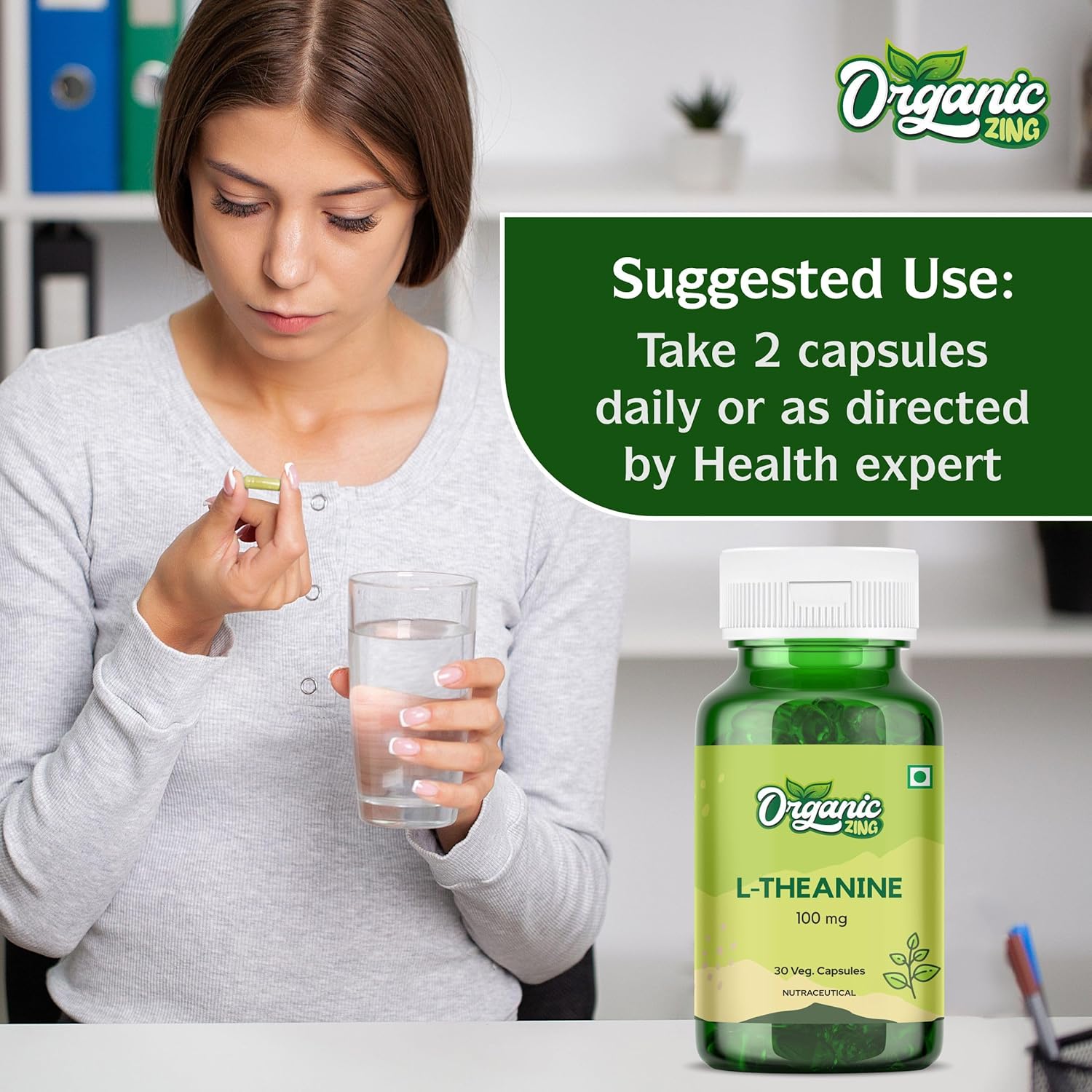 100mg Organic ZING L-Theanine Capsules - GMP Quality Assured, Kosher, Vegan | 30 Count