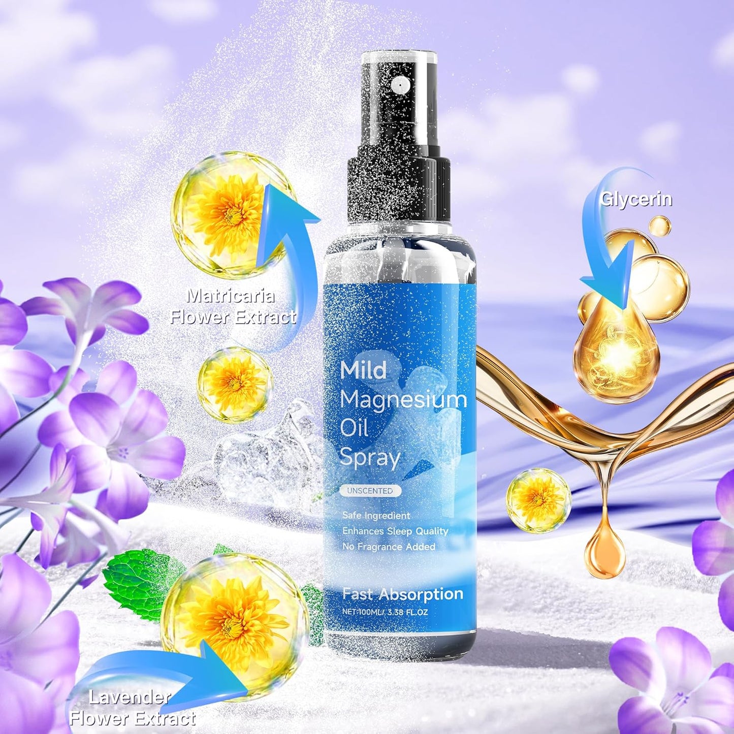 100ml Chamex Magnesium Oil Spray for Feet, Sleep, and Body - Pure Organic Natural Formula in Glass Bottle - Easy Absorption
