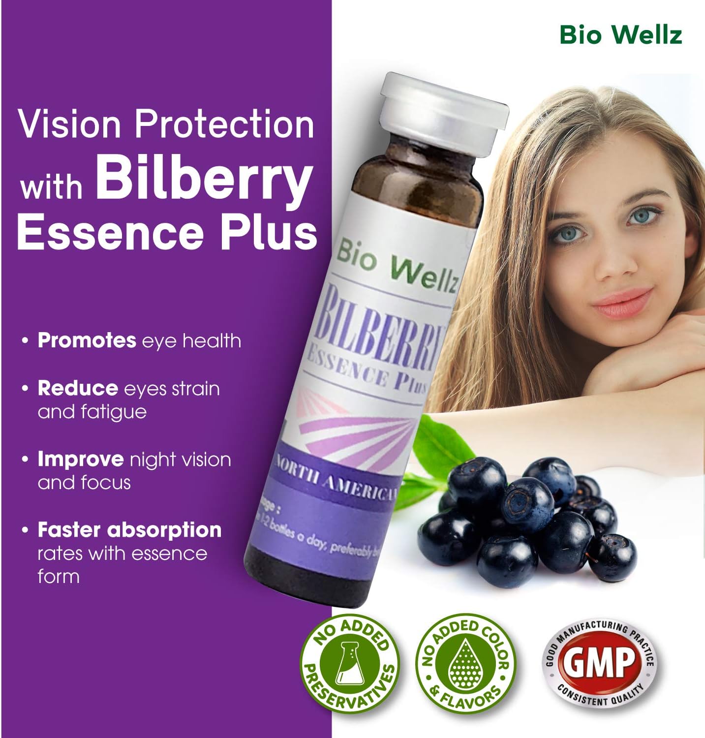 10ml x 96 Bio Wellz Bilberry Extract Drinks for Eye & Skin Care - Acne Prone Skin, Wrinkle Reduction, Dry & Puffy Eyes Relief, UV Protection