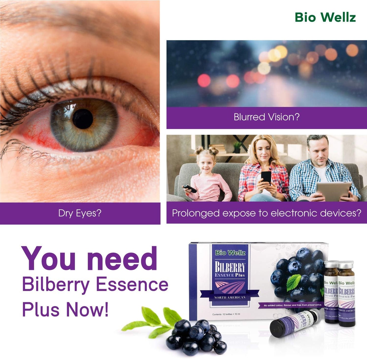 10ml x 96 Bio Wellz Bilberry Extract Drinks for Eye & Skin Care - Acne Prone Skin, Wrinkle Reduction, Dry & Puffy Eyes Relief, UV Protection