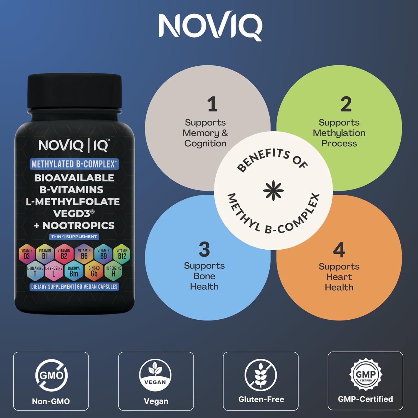 11-in-1 Methylated B-Complex Supplement with VegD3® and Nootropics - 1,100mg+ Serving - 60 Count