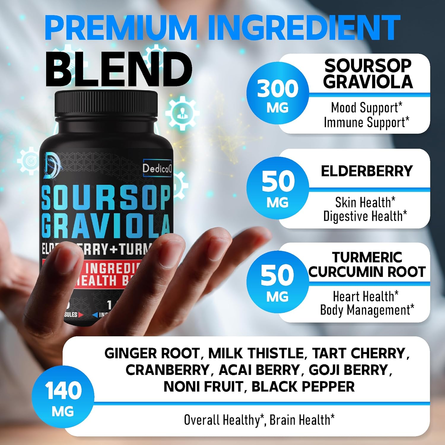 11in1 Graviola Soursop Capsules with Elderberry, Turmeric, Ginger, Milk Thistle, Cranberry - 5 Month Supply for Mood, Immune & Body Health - 150 Vegan Capsules