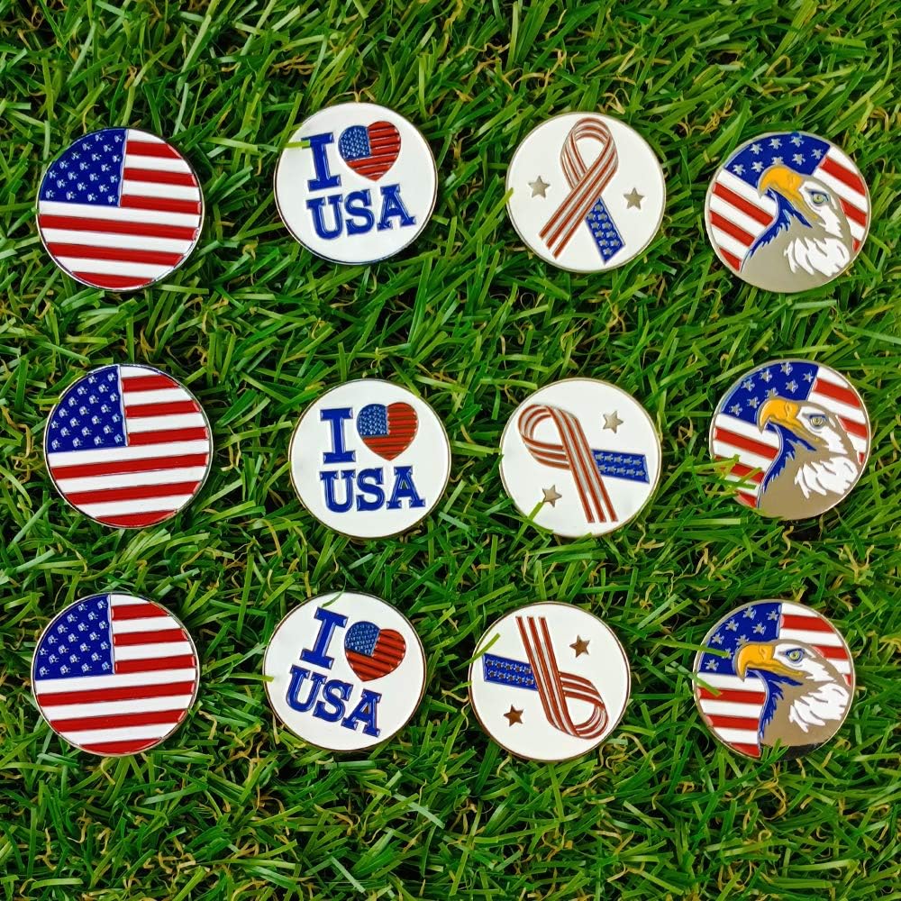 12 Assorted Pattern Golf Ball Markers Value Pack with Cap Clips and Divot Repair Tools - Golf Gifts for Men and Women