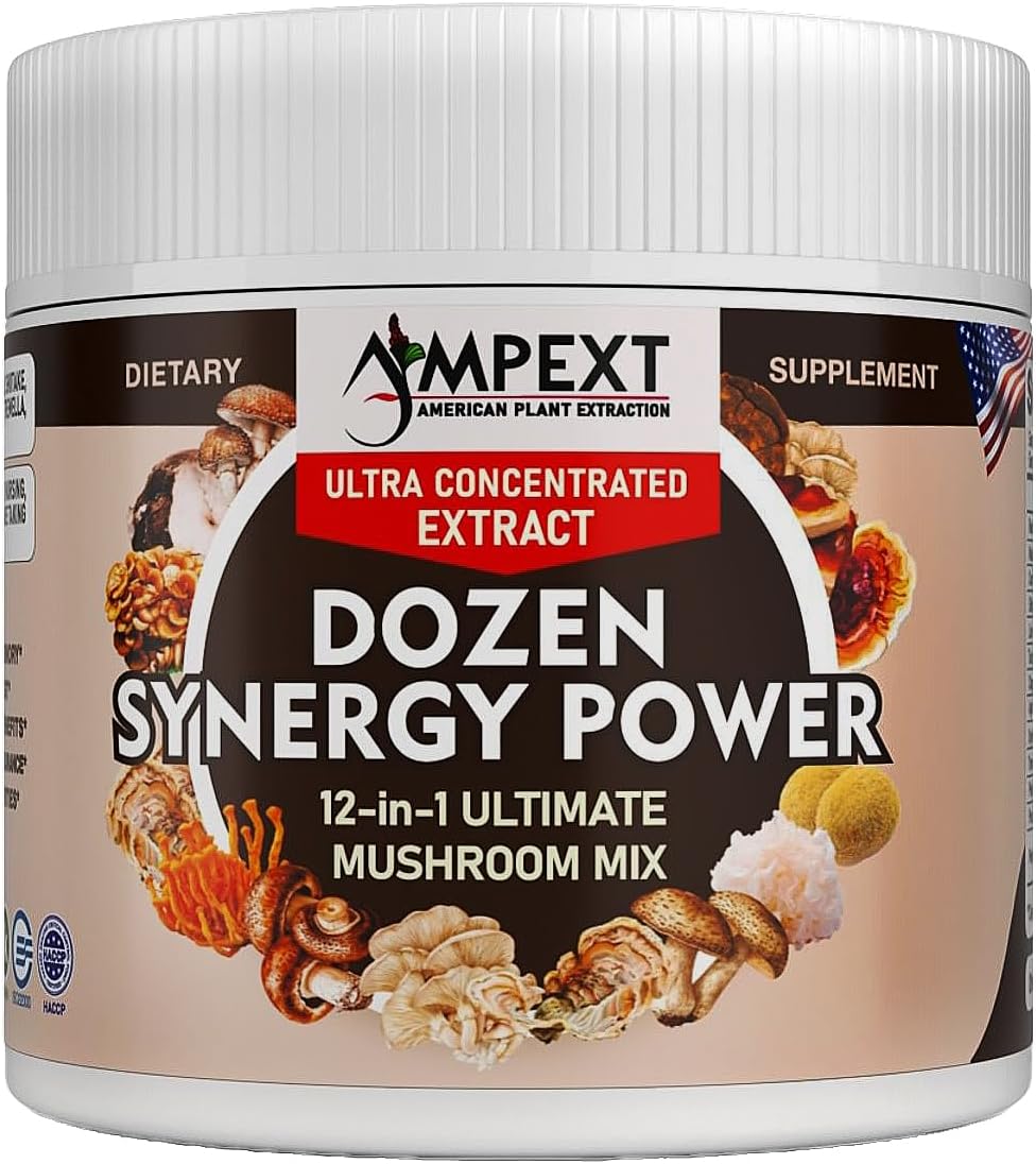 12-in-1 Synergy Power Mushroom Extracts for Immunity, Cognitive, & Heart Health - Premium Fruiting Body Complex