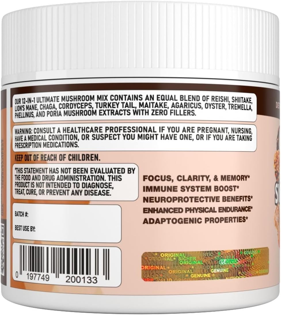 12-in-1 Synergy Power Mushroom Extracts for Immunity, Cognitive, & Heart Health - Premium Fruiting Body Complex