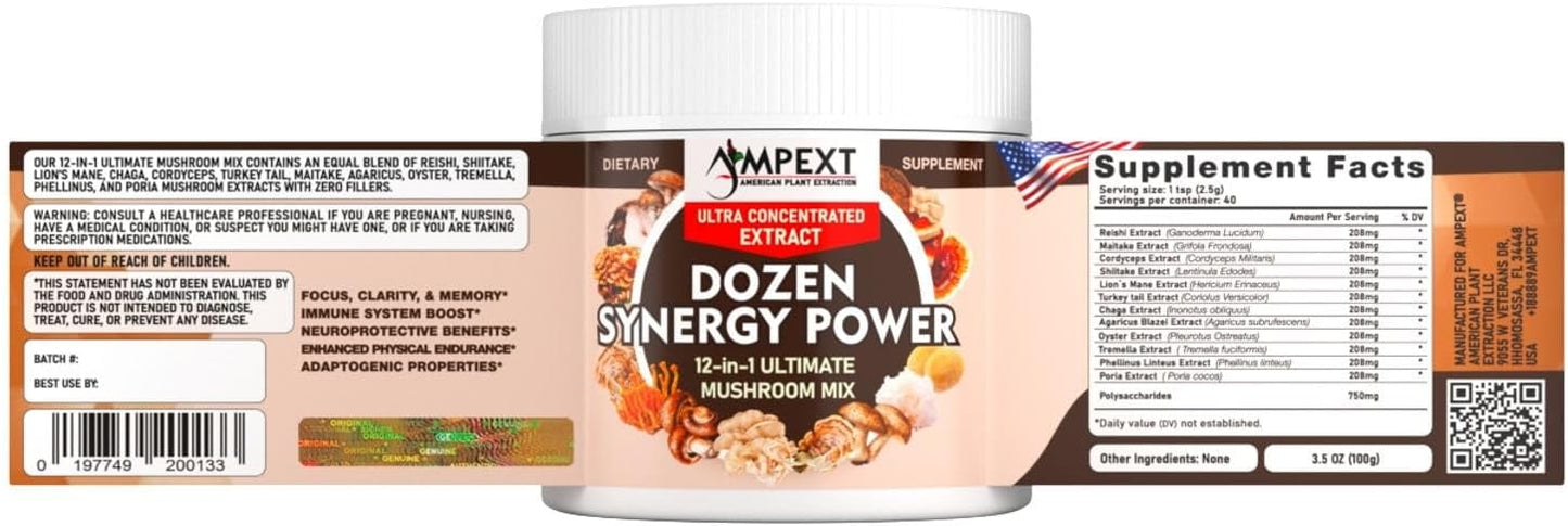 12-in-1 Synergy Power Mushroom Extracts for Immunity, Cognitive, & Heart Health - Premium Fruiting Body Complex