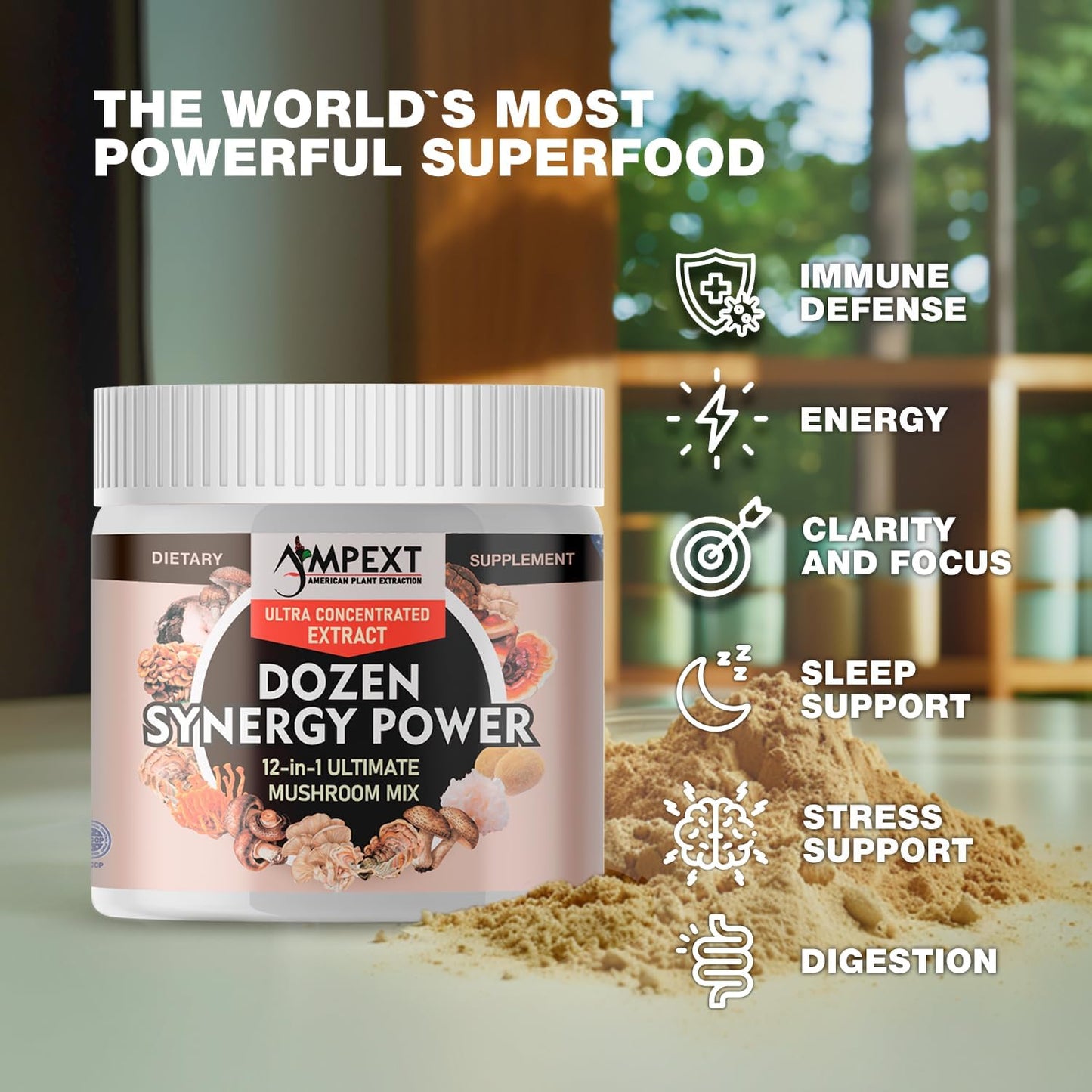 12-in-1 Synergy Power Mushroom Extracts for Immunity, Cognitive, & Heart Health - Premium Fruiting Body Complex