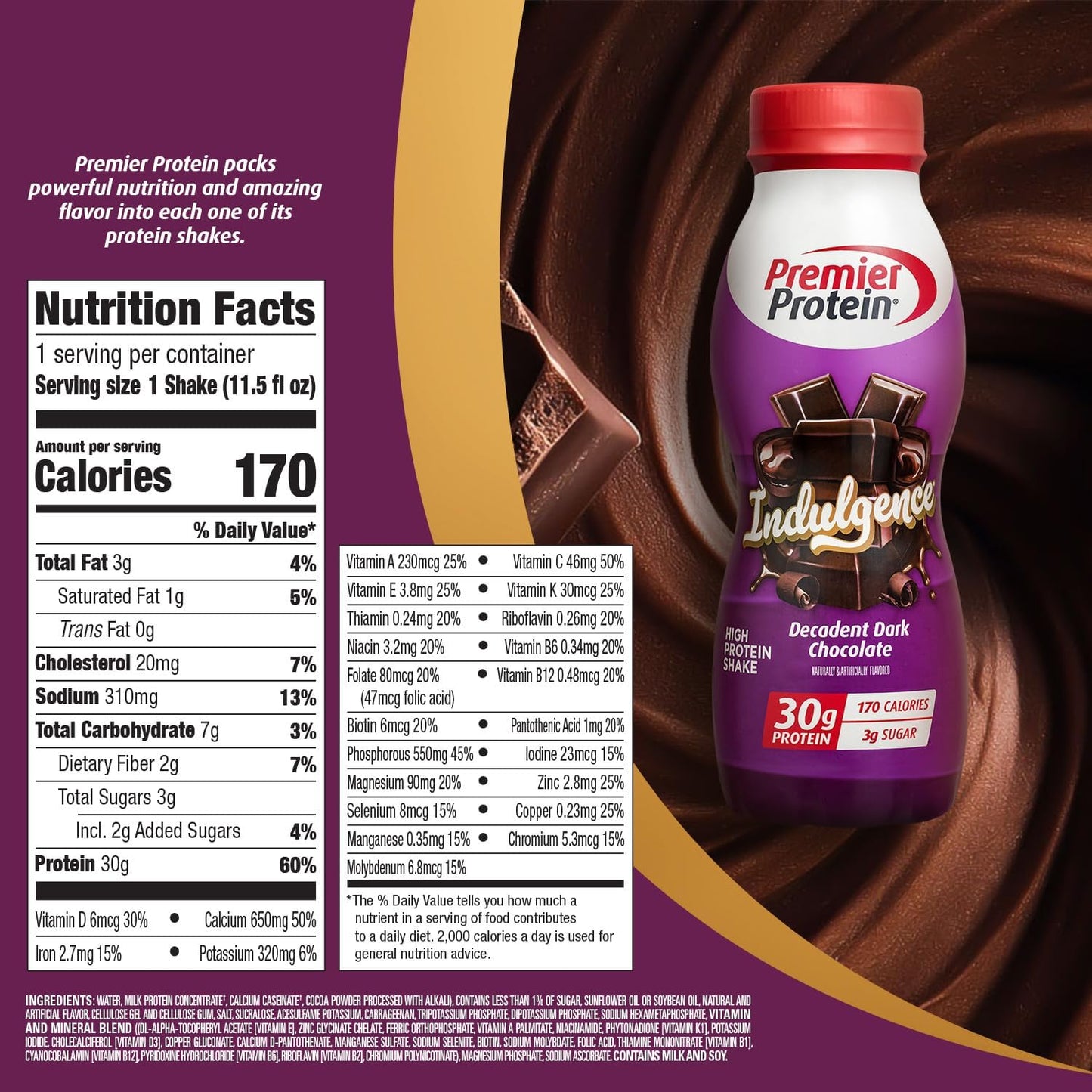 12-Pack Premier Protein Indulgence Dark Chocolate Protein Shake - 30g Protein, 3g Sugar - 11.5 fl oz