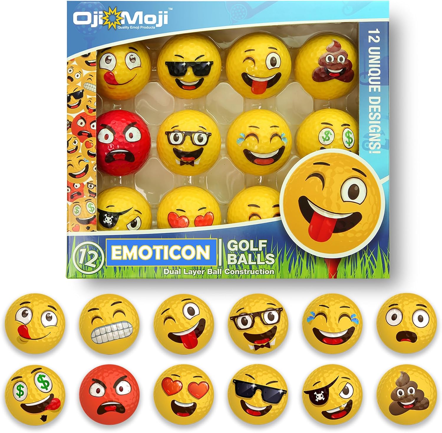 12-Pack Premium Emoji Golf Balls for Fun Practice - Novelty Golf Gift for Golfers - Unique Golf Accessories for Men, Women, Dads, and Kids