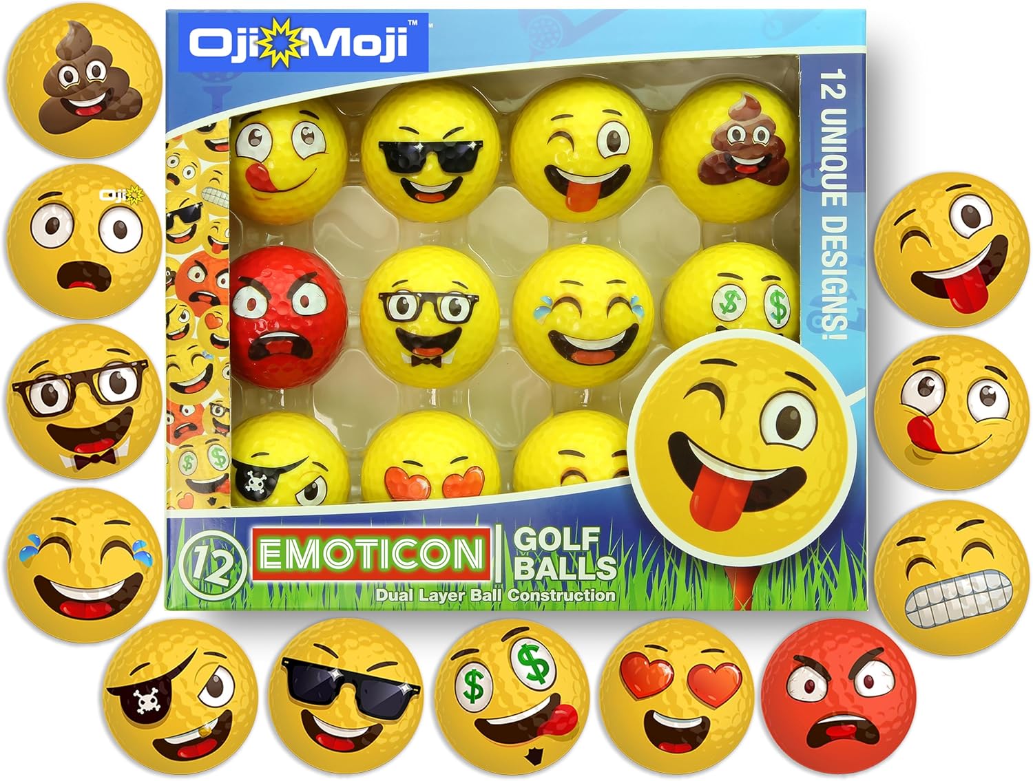 12-Pack Premium Emoji Golf Balls for Fun Practice - Novelty Golf Gift for Golfers - Unique Golf Accessories for Men, Women, Dads, and Kids