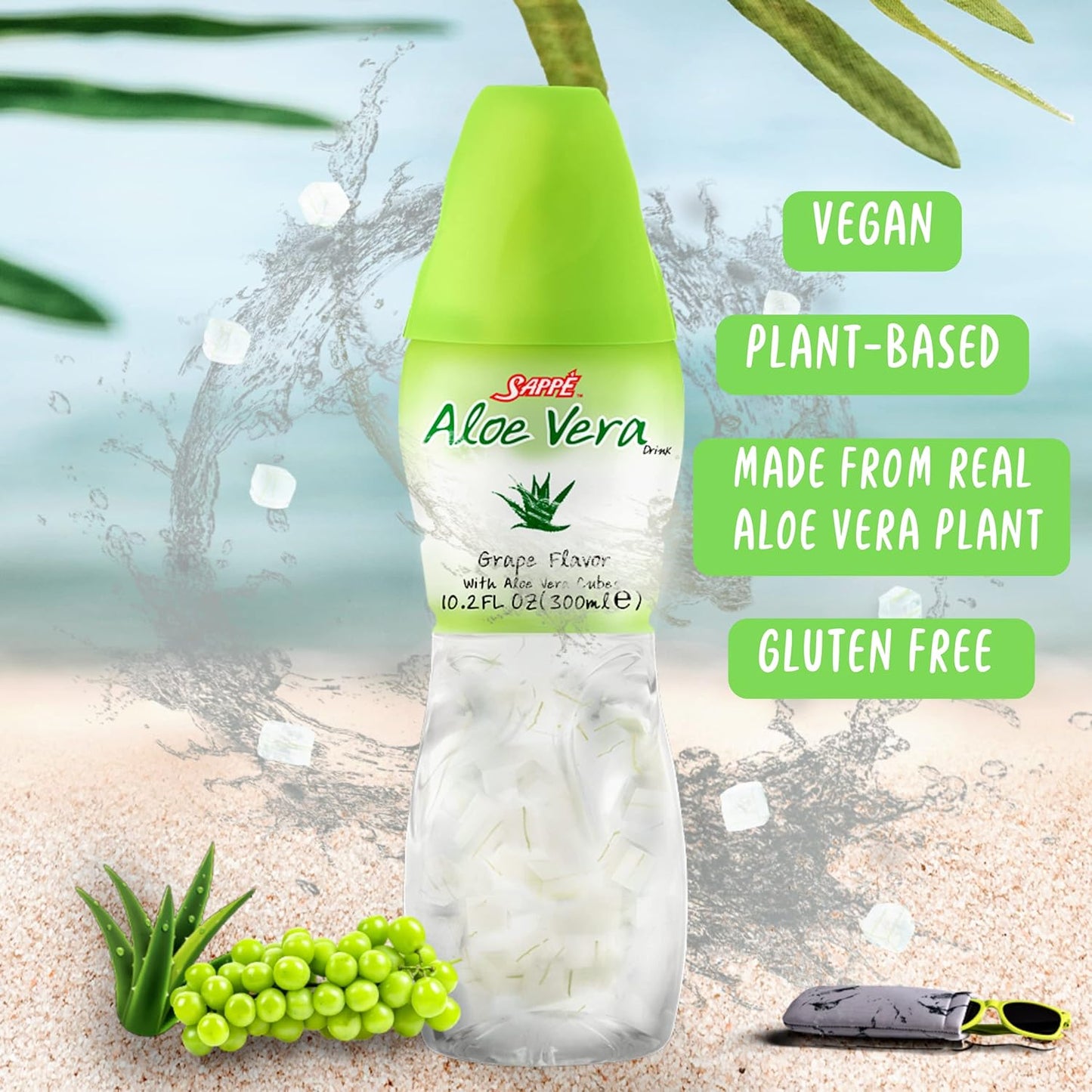 12-Pack Sappe Aloe Vera Juice (Grape & Apple) with Large Aloe Chunks - Plant-Based Hydration Drink for Health