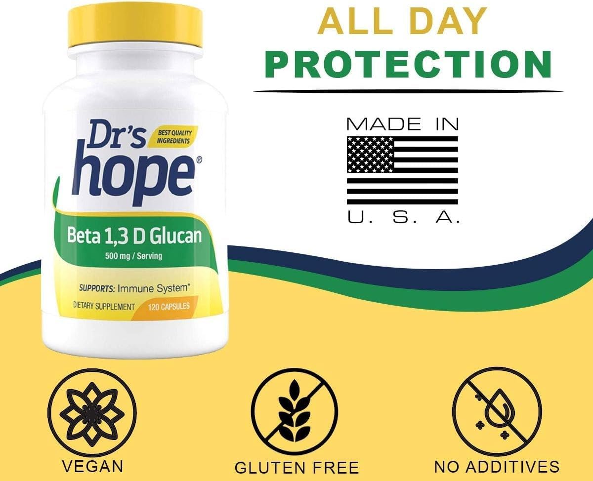 120 Capsules of Dr’s Hope Beta Glucan Supplement for Immune Support & Energy Boost - 500mg - Made in USA