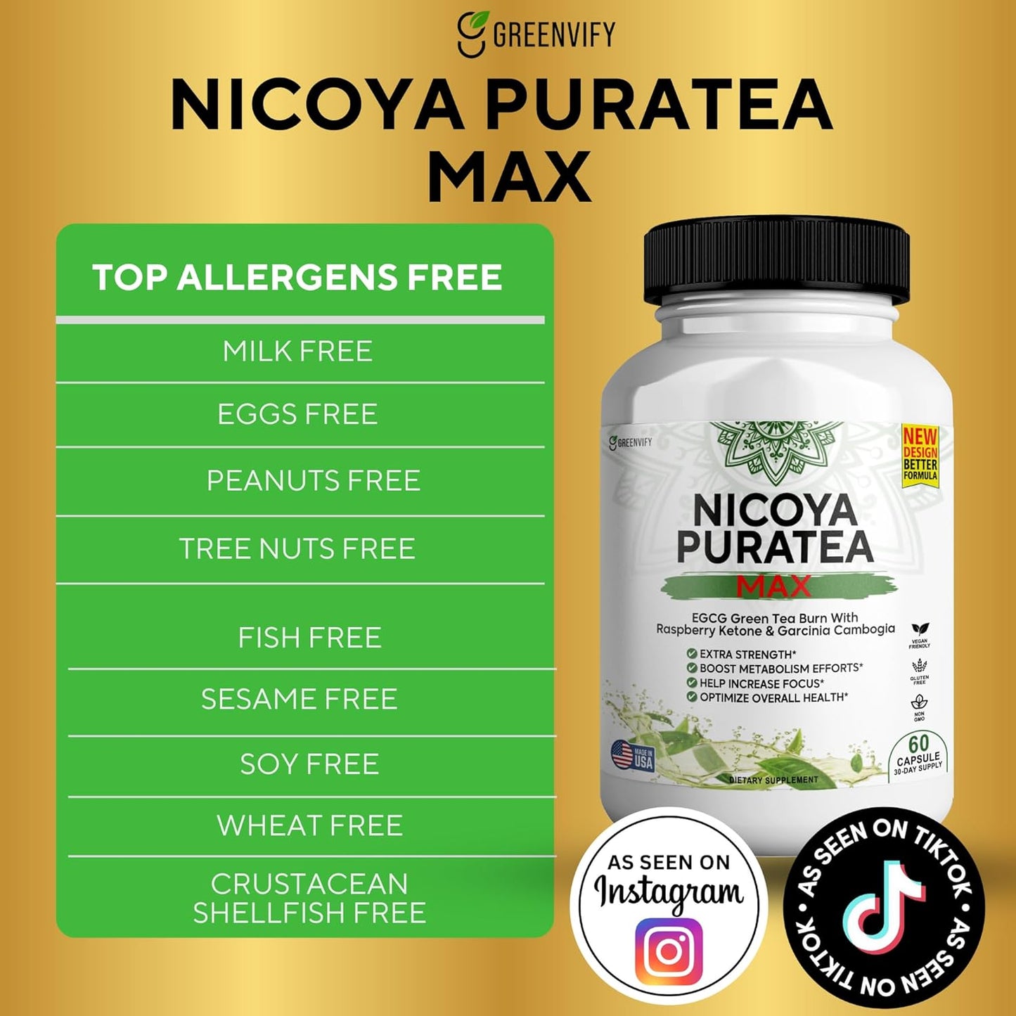 120 Capsules of GREENVIFY Nicoya PuraTea Max Green Tea Extract & Green Coffee Bean for Metabolism Support, Energy Boost & Antioxidants