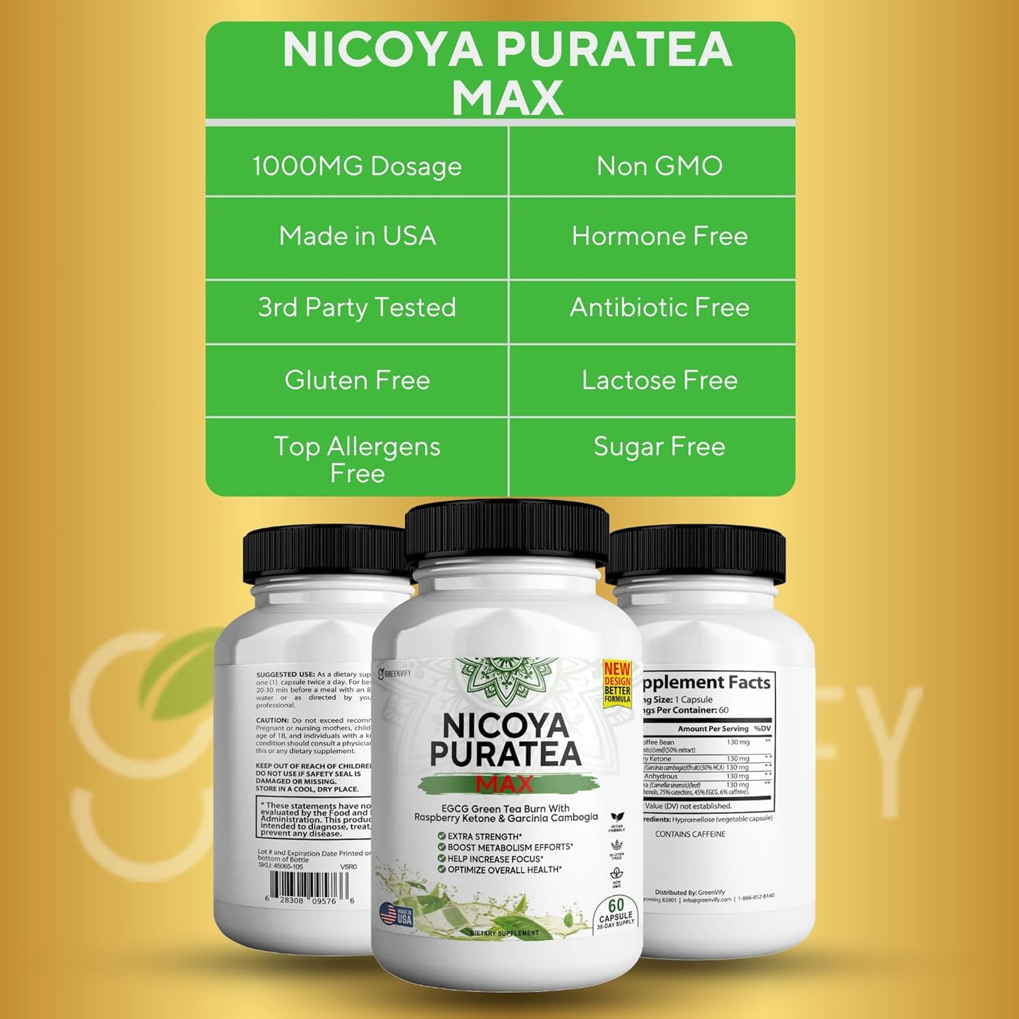 120 Capsules of GREENVIFY Nicoya PuraTea Max Green Tea Extract & Green Coffee Bean for Metabolism Support, Energy Boost & Antioxidants
