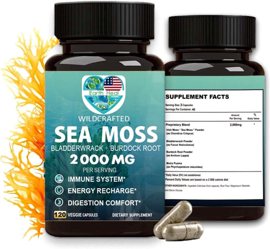 120 Count Earth Heal Vitamins Sea Moss Capsules, Natural Supplement for Immune Support