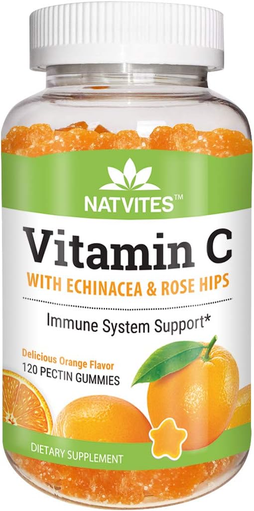 120 Count Natvites Vitamin C Gummies with Echinacea & Rose HIPS for Adults, Immune Support, Orange Flavor, Non-GMO, Gluten-Free, Vegan