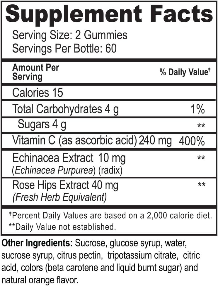 120 Count Natvites Vitamin C Gummies with Echinacea & Rose HIPS for Adults, Immune Support, Orange Flavor, Non-GMO, Gluten-Free, Vegan