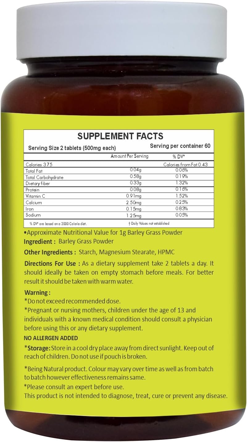 120 Count Vegan Friendly Barley Grass Tablets by HERBAL HILLS - Superfood Supplement