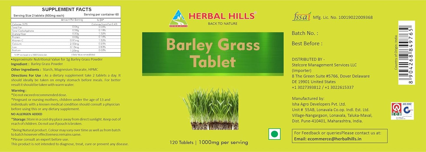 120 Count Vegan Friendly Barley Grass Tablets by HERBAL HILLS - Superfood Supplement
