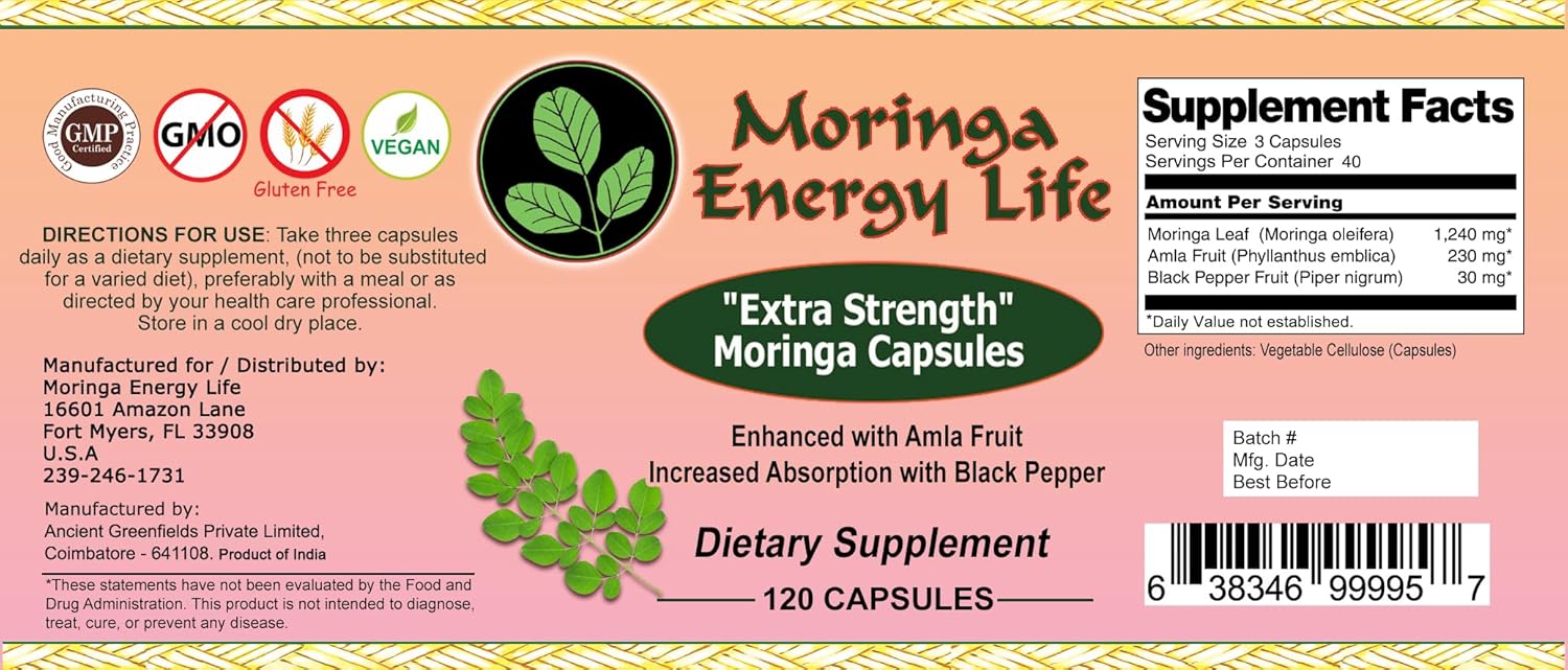 120 Moringa Extra Strength Capsules with Moringa Leaf, Amla Fruit, and Black Pepper - Gluten-Free, Non-GMO, Vegan Supplement for Energy