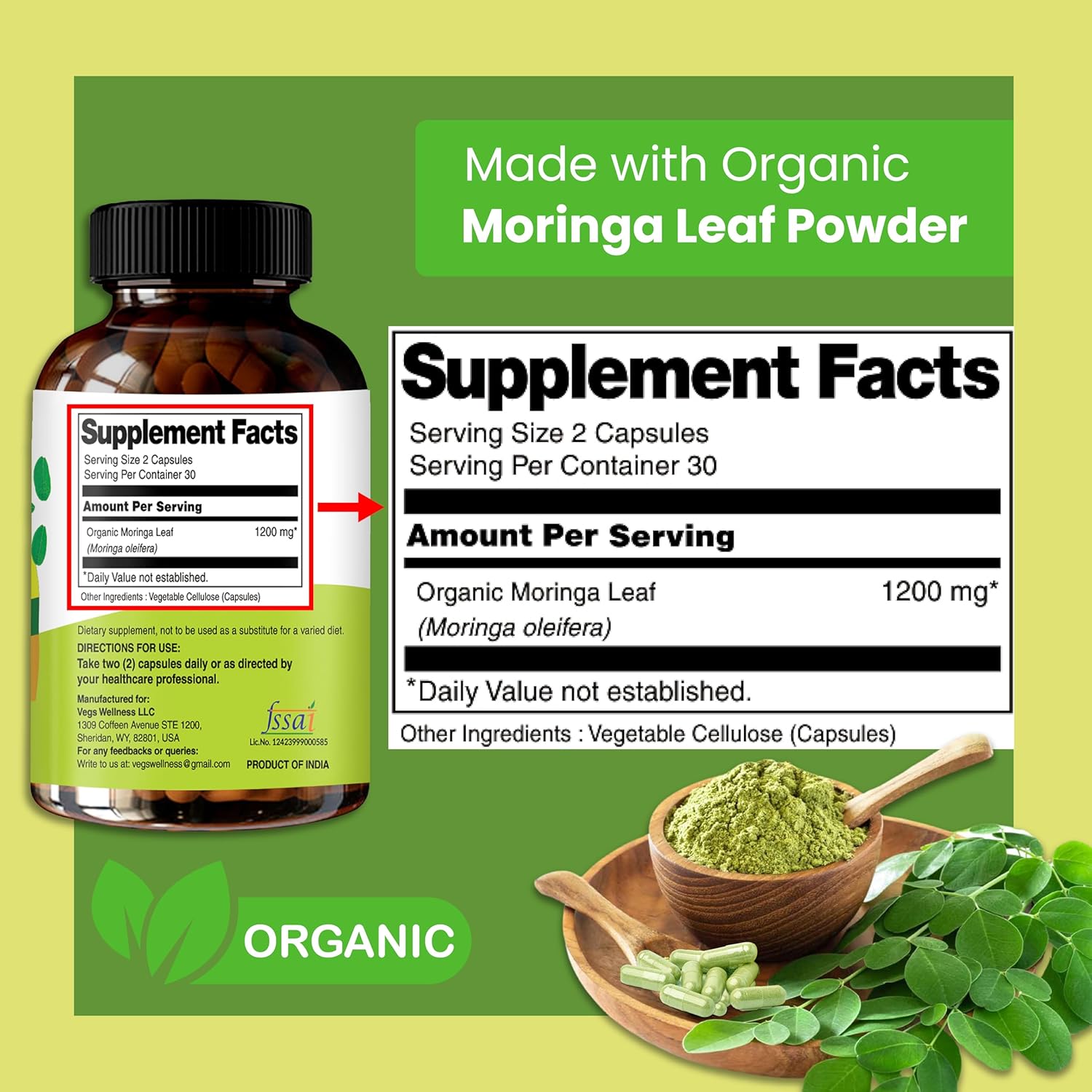 1200 mg Freeze Dried Moringa Oleifera Capsules - Immunity, Energy & Joint Health Support - 60 ct