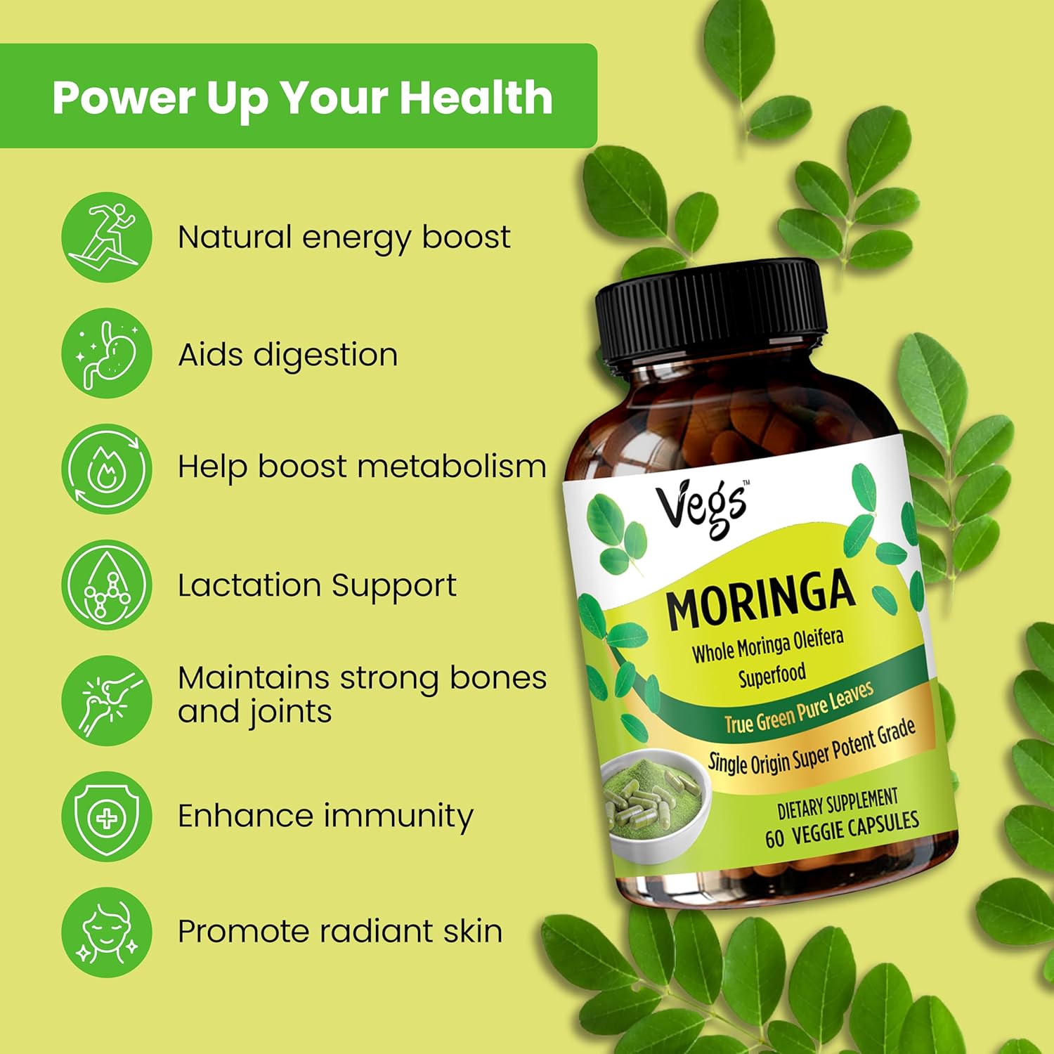 1200 mg Freeze Dried Moringa Oleifera Capsules - Immunity, Energy & Joint Health Support - 60 ct