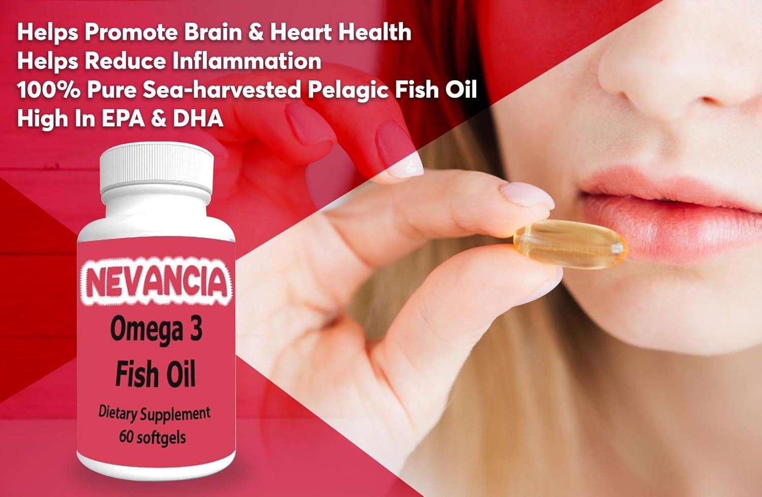 1200mg Nevancia Omega-3 Fish Oil Softgels with DHA & EPA for Heart and Brain Health - Natural Lemon Flavor - 60 Count
