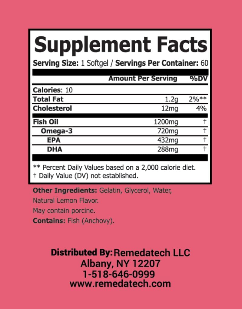 1200mg Nevancia Omega-3 Fish Oil Softgels with DHA & EPA for Heart and Brain Health - Natural Lemon Flavor - 60 Count