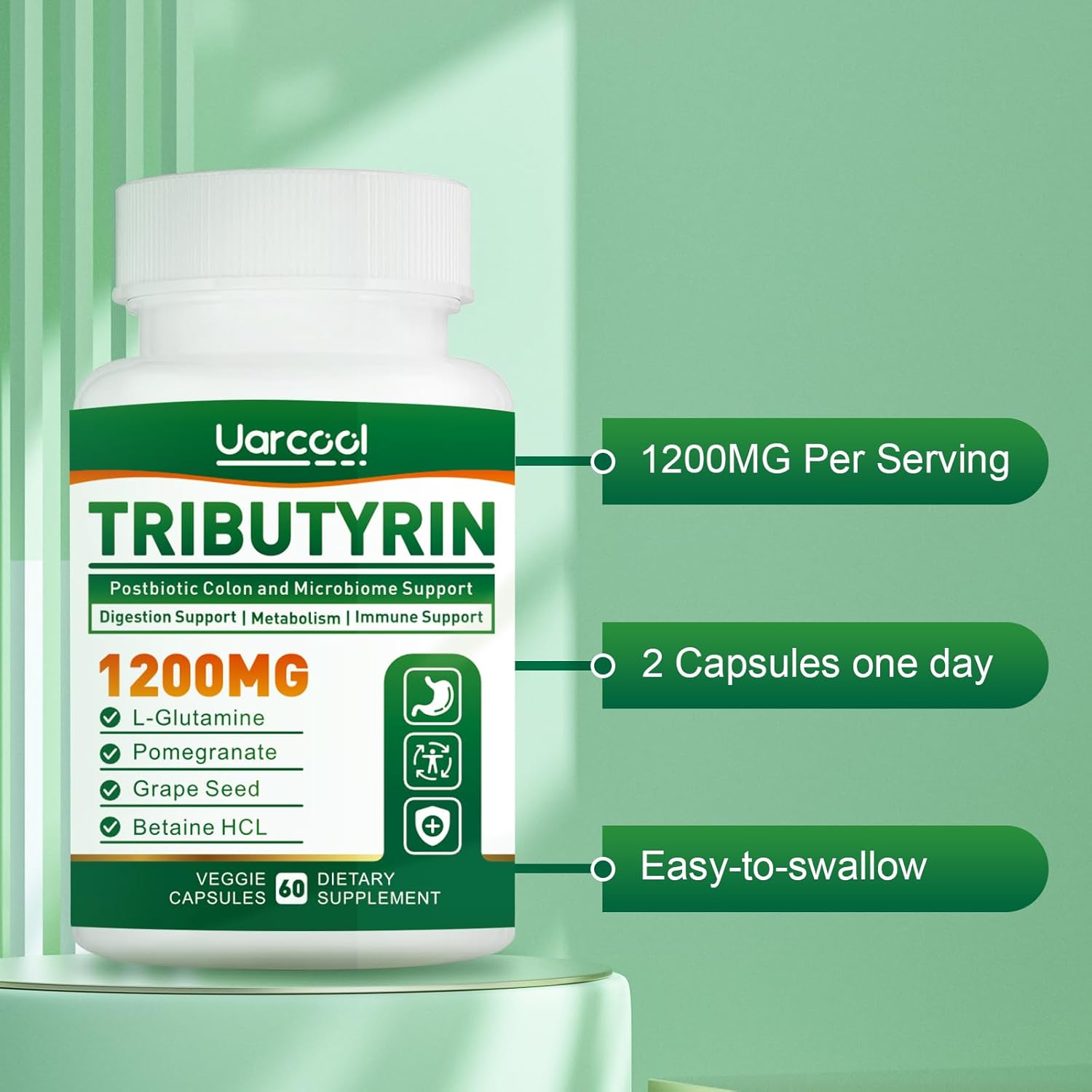 1200mg Vegan Tributyrin Supplement for Gut Health - Butyrate Digestive Supplement for Leaky Gut, Colon, Microbiome - 180 Softgels