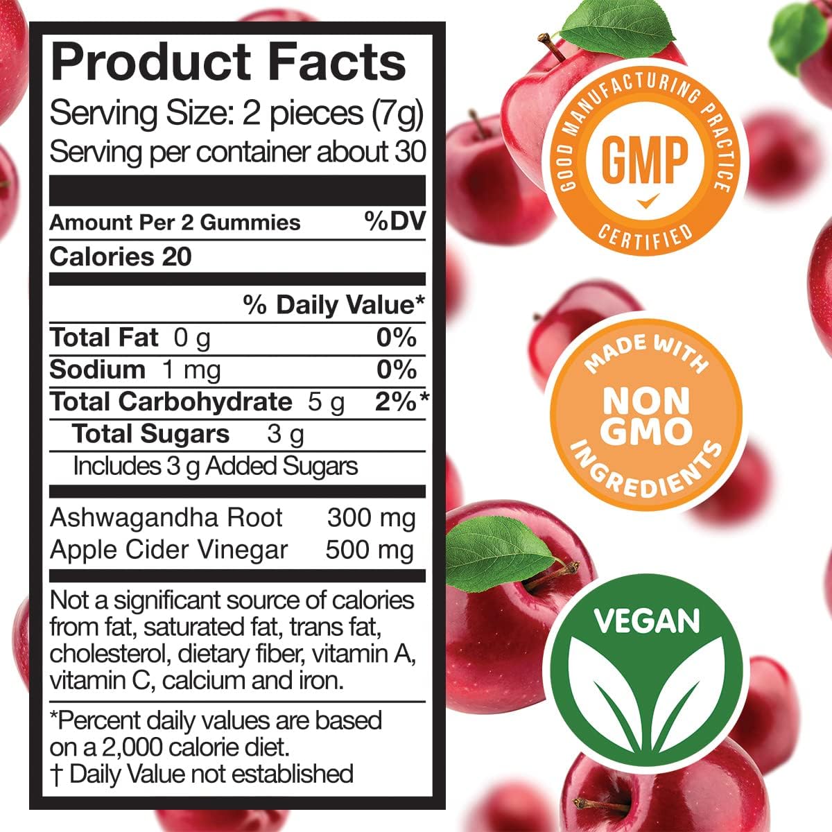 120ct Vegan Ashwagandha Apple Cider Vinegar Gummies for Immune Health, Endurance, Mood, Stress, Sleep, Brain Health - Non-GMO
