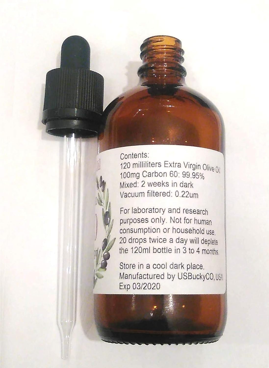 120ml Bucky's Oil C60: Extra Virgin Olive Oil Infused with 100mg 99.95% Carbon 60