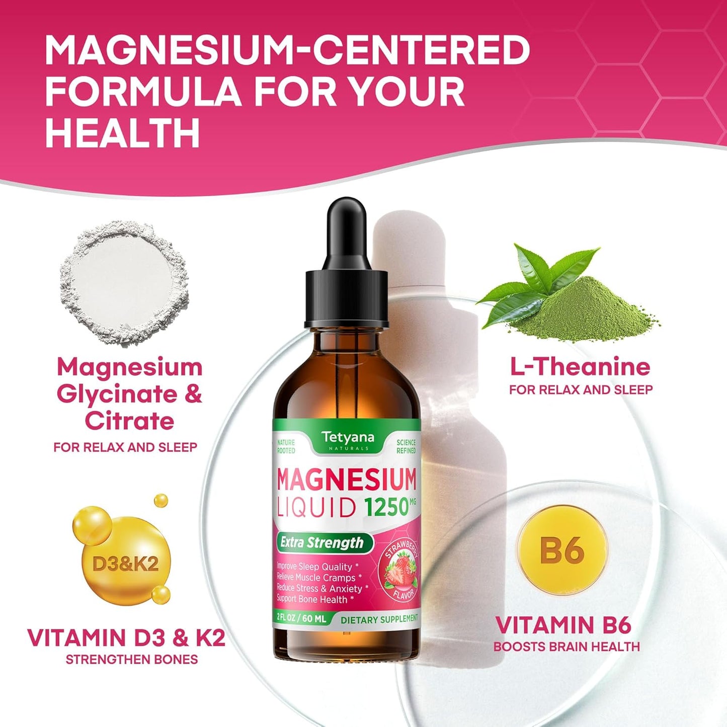 1250mg Magnesium Glycinate and Citrate Liquid Supplement with Vitamin B6, D3, K2, & L-Theanine for Muscle Relaxation, Sleep Support - 60mL
