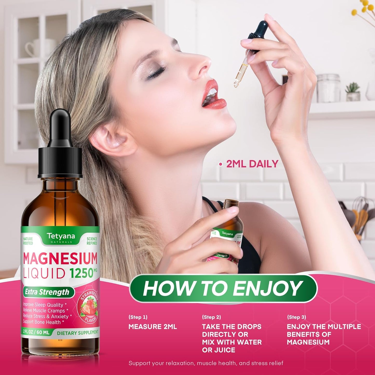1250mg Magnesium Glycinate and Citrate Liquid Supplement with Vitamin B6, D3, K2, & L-Theanine for Muscle Relaxation, Sleep Support - 60mL