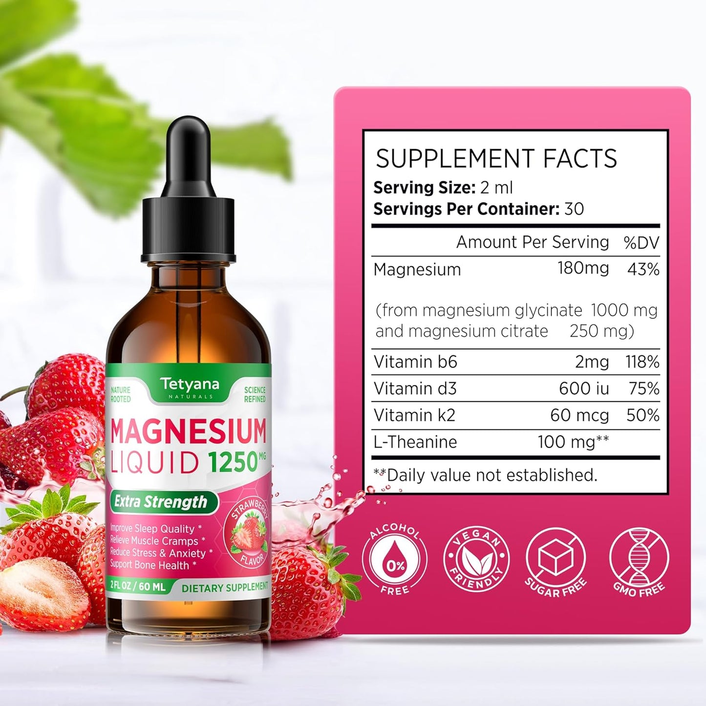 1250mg Magnesium Glycinate and Citrate Liquid Supplement with Vitamin B6, D3, K2, & L-Theanine for Muscle Relaxation, Sleep Support - 60mL