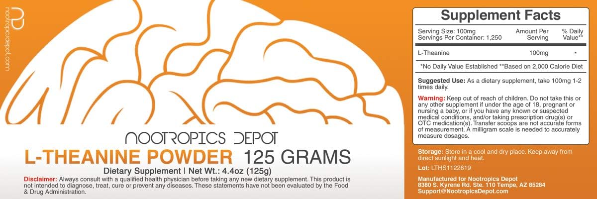 125g Nootropics Depot L-Theanine Powder - Promotes Relaxation, Supports Healthy Stress Levels, Sleep Cycles, Cognitive Function, Focus - Amino Acid Supplement