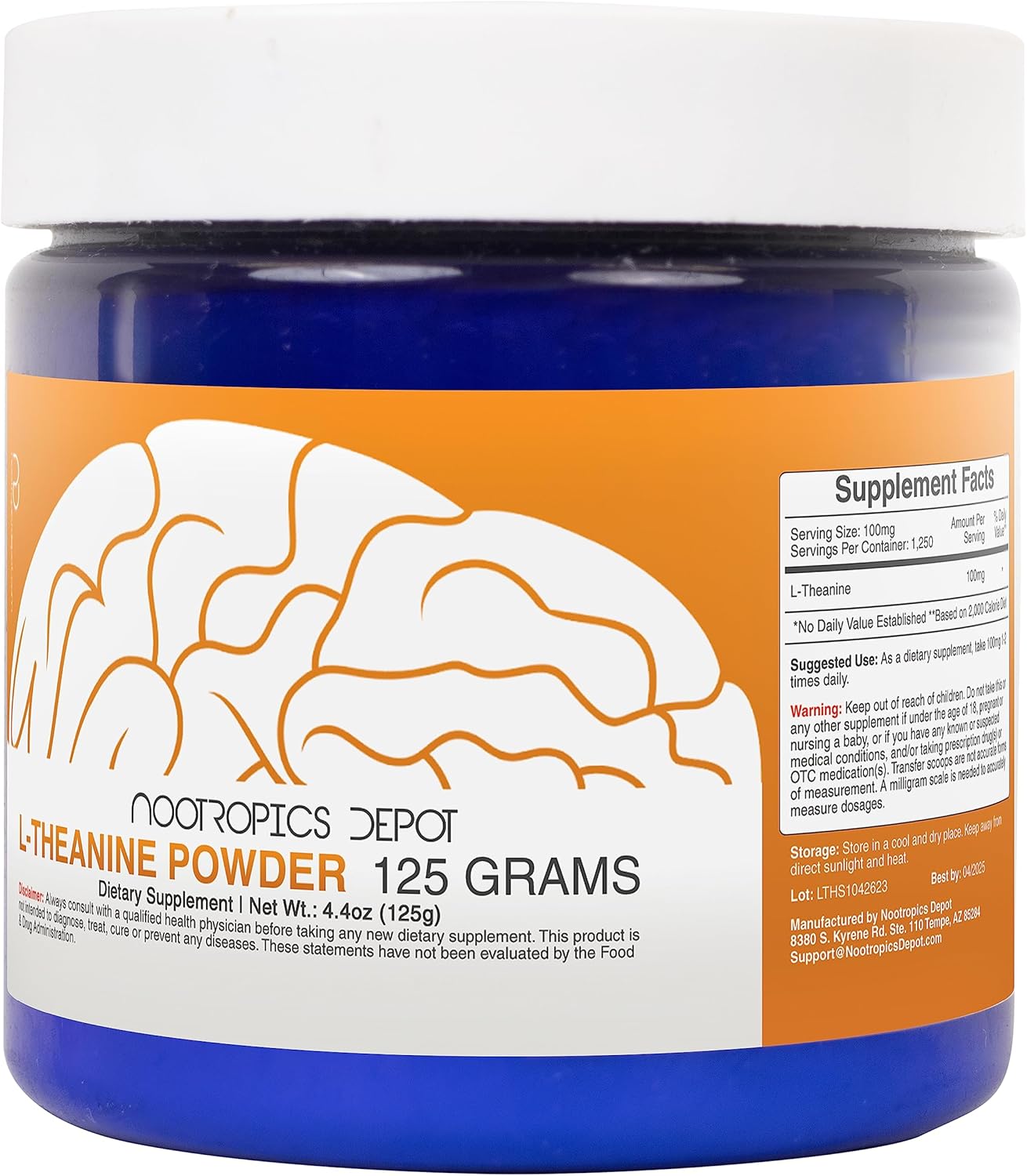 125g Nootropics Depot L-Theanine Powder - Promotes Relaxation, Supports Healthy Stress Levels, Sleep Cycles, Cognitive Function, Focus - Amino Acid Supplement