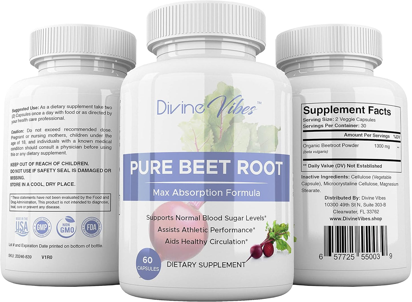 1300mg Beet Root Powder Capsules - Supports Blood Pressure, Athletic Performance, Digestive & Immune System - Pure, Non-GMO, Gluten Free - Divine Vibes