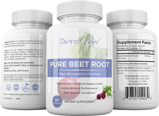 1300mg Beet Root Powder Capsules - Supports Blood Pressure, Athletic Performance, Digestive & Immune System - Pure, Non-GMO, Gluten Free - Divine Vibes